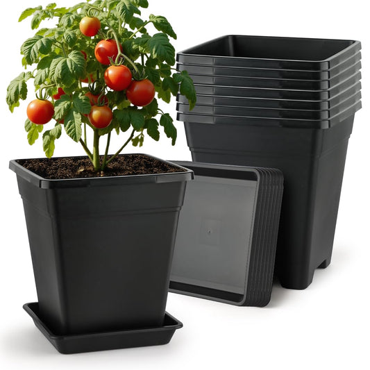 BTPLASTIK 9 Inch Square Planters for Indoor Plants, 8 Pack Large Plastic Plant Pot with Drainage & Saucer, 3 Gallon Modern Decorative Thick Outdoor Garden Container for Potted Plants
