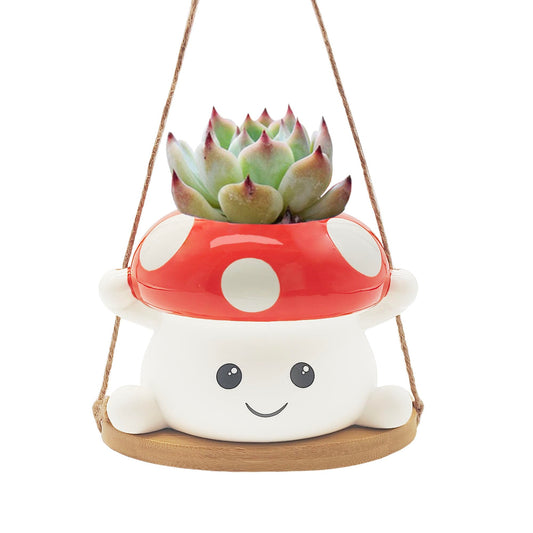 MAKGEWI Mushroom Swing Hanging Planter, Cute Ceramic Face Planter for Indoor & Outdoor, Whimsical Decor for Succulents & String of Pearls, Small Hanging Pot for Home Garden