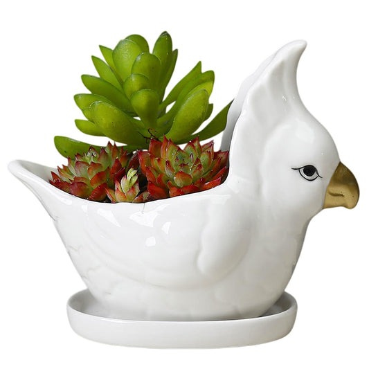 ourhommie 5.6Inch Parrot Succulent Planter Cute Bird Ceramic Pot White Small Porcelain Bonsai Pots Cactus Flowerpot Air Plant Holder Display Container for Home Office Desk Windowwill Decor, No Plants