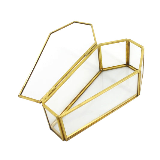 libproqia Handmade Brass & Glass Coffin Jewelry Box – Mini Gothic Trinket Organizer with Lid, Witchy Altar Decor, Halloween Ring Holder, Vintage Display Case for Home, Gold