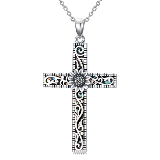 KoyeKei Sunflower Necklace for Women 925 Sterling Silver Sunflower Gifts Filigree Cross Pendant Religious Faith Graduation Jewelry Mothers Day Gift for Mom Wife Sister Christian