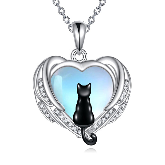 POPLYKE Moonstone Black Cat Pendant Necklace for Women Sterling Silver Cat Necklace Moonstone Jewelry Gifts
