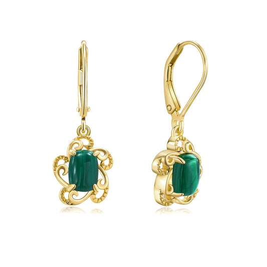 AIBAO Malachite Dangle Earrings for Women Cushion Shaped Green Crystal Flower Drop Earrings Western Boho Jewelry Sterling Silver Malachite Earrings Dangling