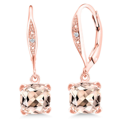 Gem Stone King Drop Dangle Earrings For Women | 7MM Cushion Cut Gemstone Birthstone and Diamond | 925 Sterling Silver | Jewelry Gift for Mom Wife Her | Morganite-October | Rose Gold