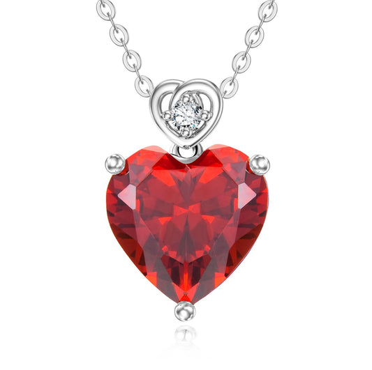 NFYBD 14k White Gold Love Heart Garnet Birthstone Pendant Necklace for Women 3 Carat Heart-cut Created Gemstone Anniversary Birthday Mother's Day Necklaces for Her-jan
