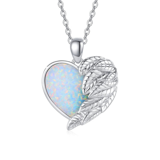 CUOKA MIRACLE Angel Wing Heart Opal Necklace 925 Sterling Silver Guardian Angel Wings Pendant Necklace Half Wing Pendant Dainty Rainbow Opal Necklace Jewelry for Women Mon Gifts