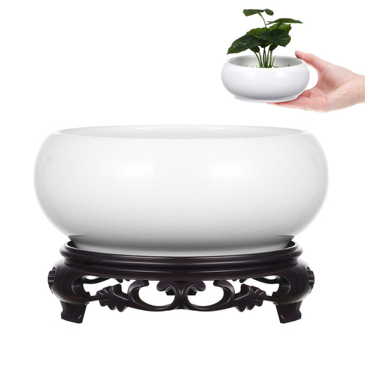 Kisangel Ceramic Lotus Bowl Planter, Hydroponic Water Lily Bowl with Plastic Base, No Holes Round Flower Succulent Planter Pot for Indoor
