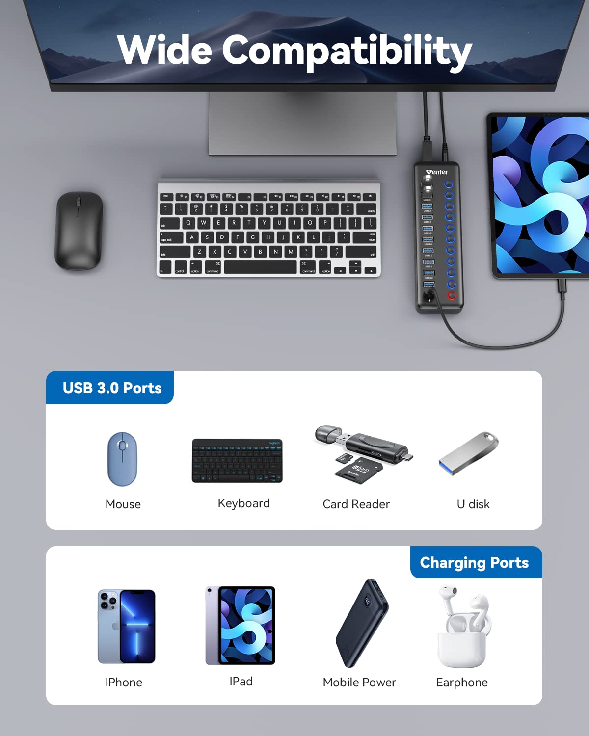 Powered USB Hub, Wenter 11-Port USB Splitter Hub (10 Faster Data Transfer Ports+ 1 Smart Charging Port) with Individual LED On/Off Switches, USB Hub 3.0 Powered with Power Adapter for Mac, PC