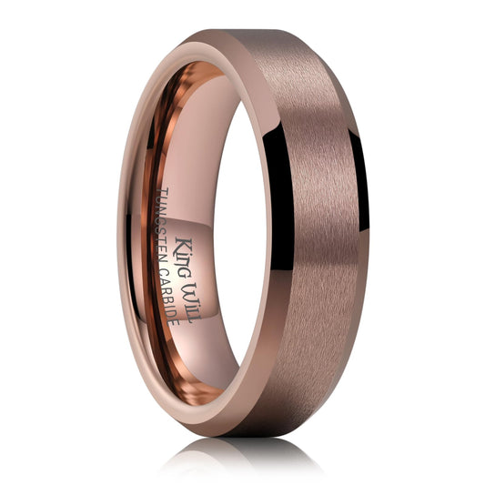 King Will Brown Basic Tungsten Rings For Men 6mm Wedding Band Polished Edge Brushed Matte Promise Ring Comfort Fit, Size 7
