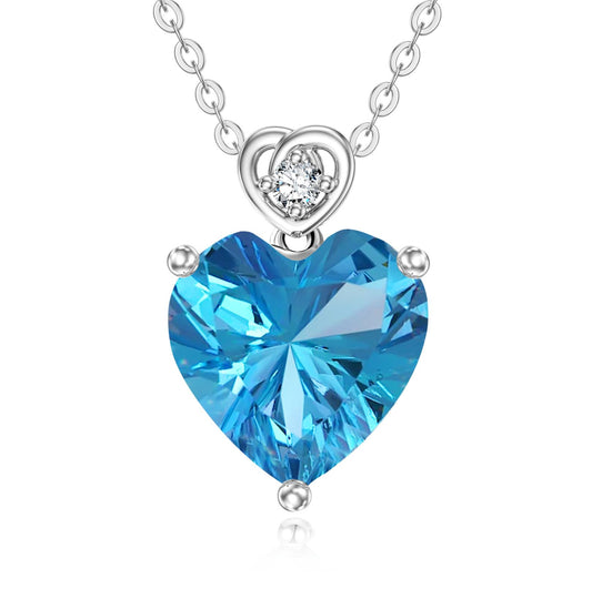 NFYBD 14k White Gold Love Heart Blue Topaz Birthstone Pendant Necklace for Women 3 Carat Heart-cut Created Gemstone Anniversary Birthday Mother's Day Necklaces for Her-topaz