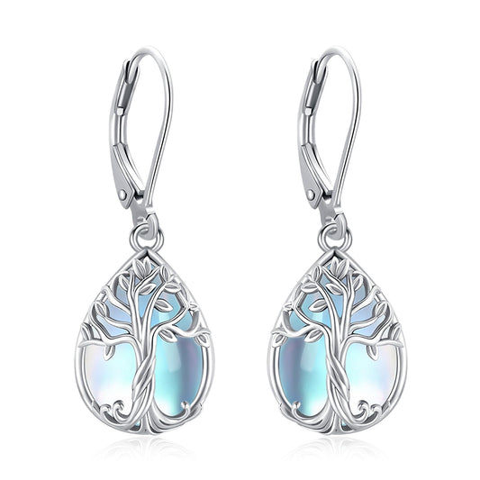 Eusense Tree of Life Earrings Sterling Silver Moonstone Earrings Teardrop Leverback Dangle Sterling Silver Jewelry for Women Elegant Nature Inspired Moonstone Jewelry