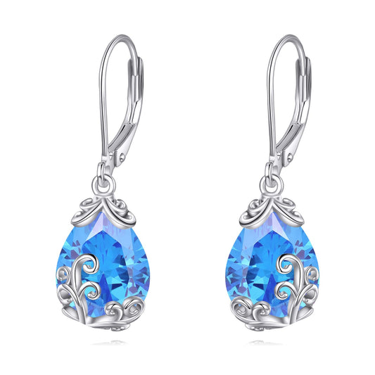 POPLYKE BirthStone Filigree Teardrop Drop Dangle Earrings Sterling Silver Leverback Earrings December Birthstone Jewelry Gifts for Women