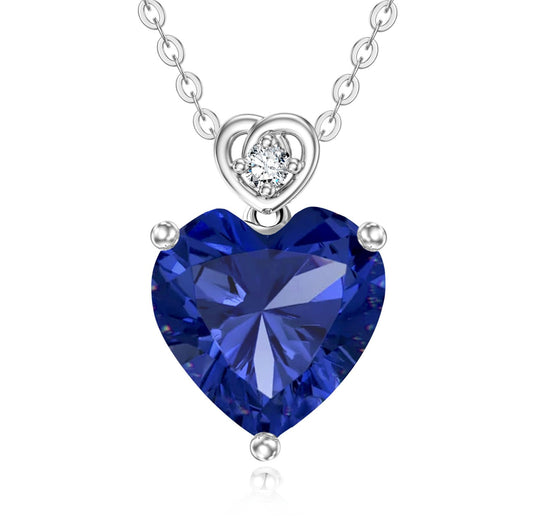 NFYBD 14k White Gold Love Heart Blue Sapphire Birthstone Pendant Necklace for Women 3 Carat Heart-cut Created Gemstone Anniversary Birthday Mother's Day Necklaces for Her-sept