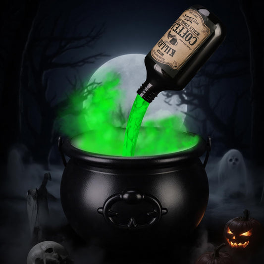 Beepow Halloween Decorations Indoor - DIY Floating Potion Set with Witches Cauldron and Mist Maker - Spooky Vintage Black Plastic Bowl Hocus Pocus Party Decor for Home Table Mantel Kitchen Room