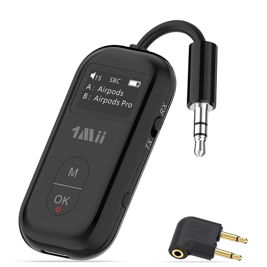 1Mii SafeFly Pro Bluetooth 5.3 Transmitter Receiver, Wireless Audio Adapter w/Screen for 2 Bluetooth Headphones, AptX LL/HD/AD, Use with Any 3.5MM Jack on Airplane, TV & iPad/Tablet