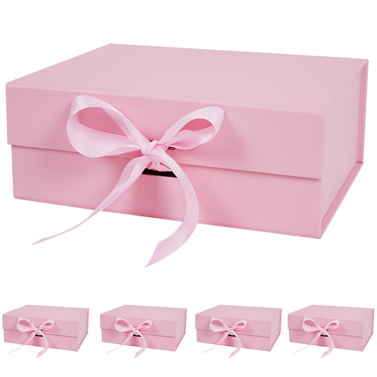 Aimyoo 5 Pack Pink Gift Box with Ribbon, 8.6x6.7x3.4 inch Groomsman Proposal Box for Presents with Magnetic Closure Lids, Rectangle Collapsible Luxury Box for Wedding, Christmas, Halloween, Birthday
