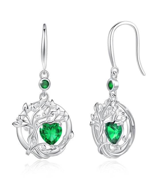 FANCIME Tree of Life Earrings 925 Sterling Silver Dainty Green Emerald Dangle Drop Gemstone Earring May Birthstone Fine Jewelry Birthday Mothers Day Gifts for Mom Her Women