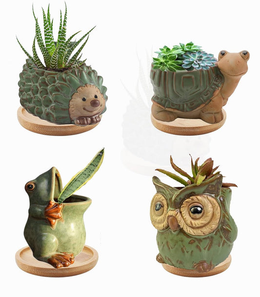 WENDIN 4pcs Green Animal Shaped Planter Small Succulent Pot Small Succulent Pots with Drainage, Ceramic Animal Planter, Indoor Plant Container Planter with Drainage Hole Home Office Desk Garden Gift