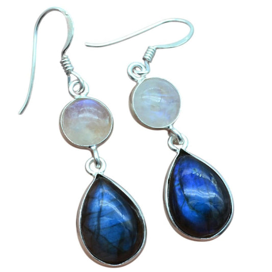 Natural Moonstone and Labradorite Drop Earrings for Women, Sterling Silver, 1.6 Inch Length, 19.45 Carat, Blue and White Gemstones | Gift for Her