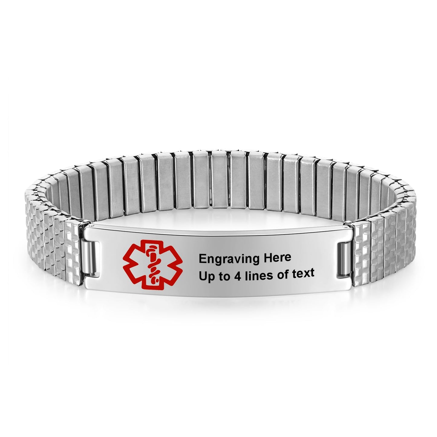 Personalized Medical ID Bracelets for Men - Custom Emergency Alert Bracelet for Women Engraved Medic Info Elastic Stainless Steel Bracelets for Family Autism Allergy Diabetic Epilepsy (Silver, 18cm)