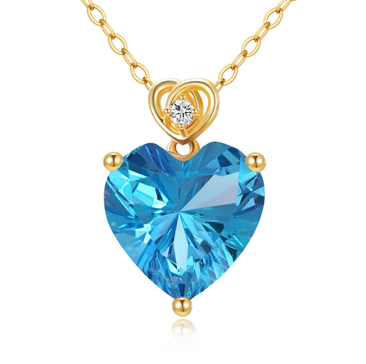 NFYBD 14k Gold Love Heart Blue Topaz Birthstone Pendant Necklace for Women 3 Carat Heart-cut Created Gemstone Anniversary Birthday Mother's Day Necklaces for Her 16+1+1 inch-Dec