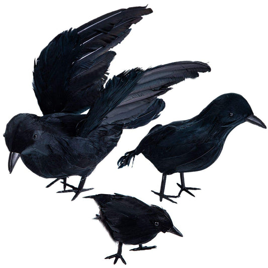 Darnassus 3-Pack Halloween Black Feathered Crow Realistic Handmade Crow Prop for Halloween Party Outdoors and Indoors Decoration