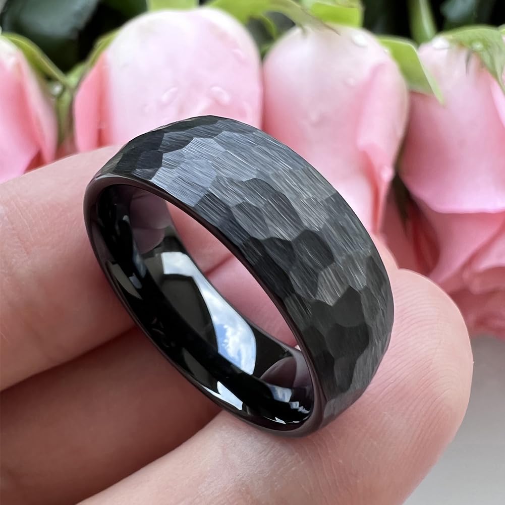 TUTISS 8mm Black Hammered Tungsten Rings for Men Women Fashion Engagement Wedding Bands Domed Matte Finish Comfort Fit Size 9