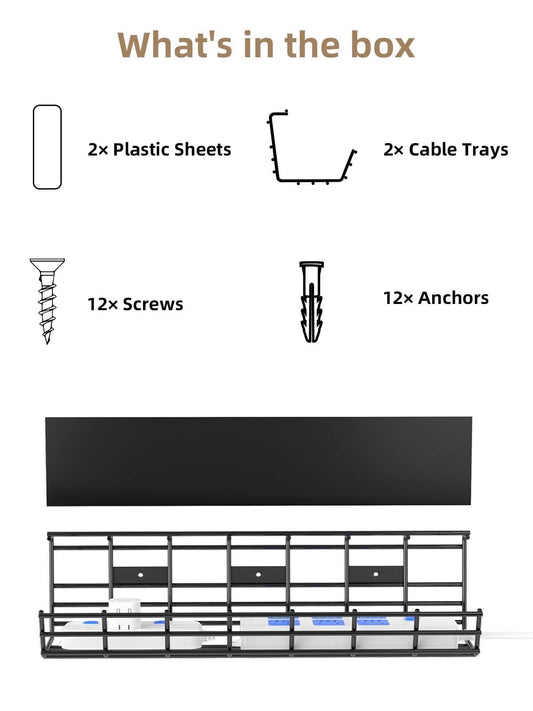 2 Pack DELAMU Under Desk Cable Management Tray, Large Metal Cord Organizer, Office & Home Cord Wire Management Under Desk Shelf, Easy Install Pre-drilled Cable Organizer, Black