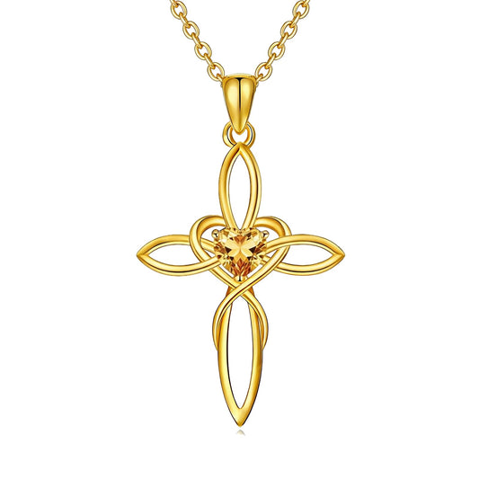 POIUY 14K Gold Celtic Knot Cross Birthstone Necklace for Women Irish Infinity Heart Pendant Cross Jewelry Baptism Faith Anniversary Valentines Birthday Mothers Day Gifts for Mom Wife Her