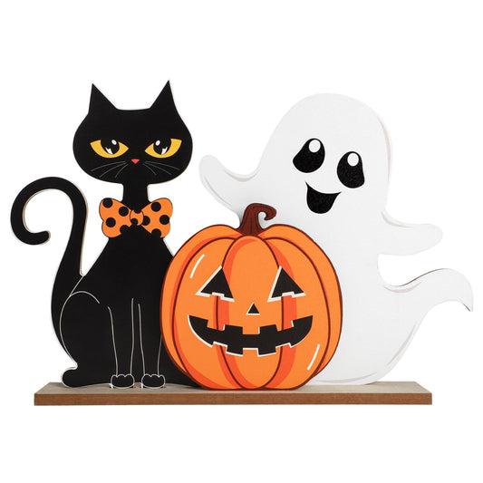 Halloween Decorations Indoor Wooden Black Cat Halloween Decor Ghost Table Sign Pumpkin Table Centerpieces Standing Tabletop Decoration for Holiday Desk Tiered Tray Party Shelf Decorations Farmhouse