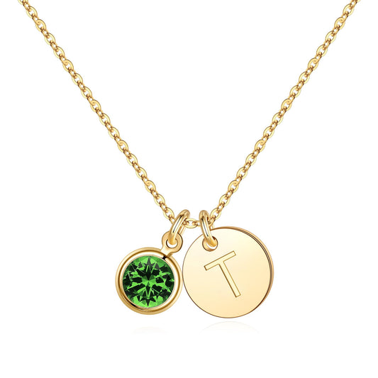Hidepoo Initial Peridot Birthstone Necklaces for Women, Dainty Disc Letter T August Birthstone Necklace Jewelry for Woman Personalized Birthday Gifts
