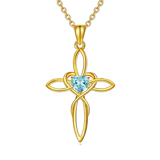POIUY Celtic Knot Cross Birthstone Necklace for Women 14K Gold Irish Infinity Heart Pendant Cross Jewelry Anniversary Valentines Birthday Mothers Day Gifts for Mom Wife Her
