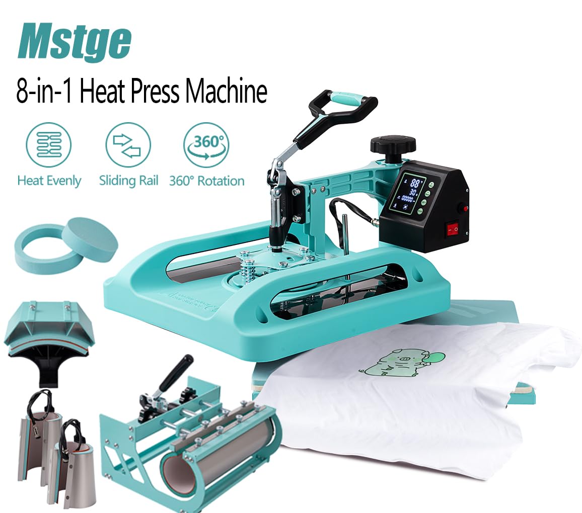 Mstge Heat Press 8 IN 1, Heat Press Machine 15x15 Inch with 30 OZ Tumbler Press, Slide Out T-Shirt Pressing Machine, Swing Away Heat Transfer Machine for T-Shirts, Tumblers Glass Mugs, Hats and Plates
