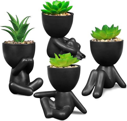 SEMSOIIO Pack of 4 Cute Artificial Succulent Plants in Human Shaped Pots, Funny Desk Decor for Office Women Men, Aesthetic Room Decor, Small Fake Plants for Shelf Bathroom Home Office Gifts (Black)