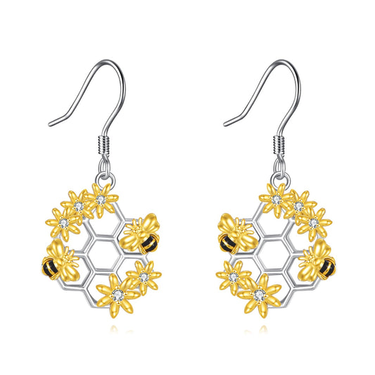 YONFQE Bee Earrings S925 Sterling Silver Honeycomb Honeybee Dangling Hanging Pendant Earrings Cute Jewelry Gifts for Women