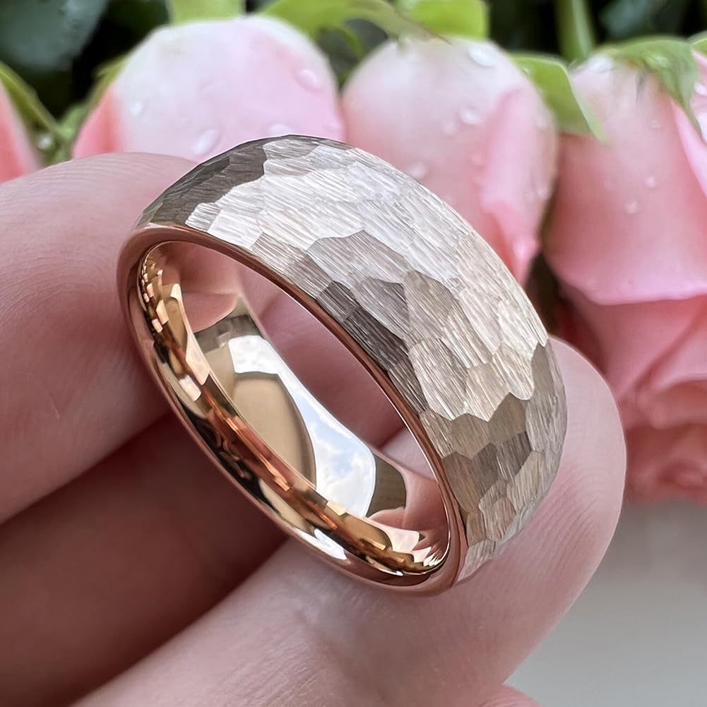 TUTISS 8mm Rose Gold Hammered Tungsten Rings for Men Women Engagement Wedding Bands Domed Matte Finish Comfort Fit Size 14