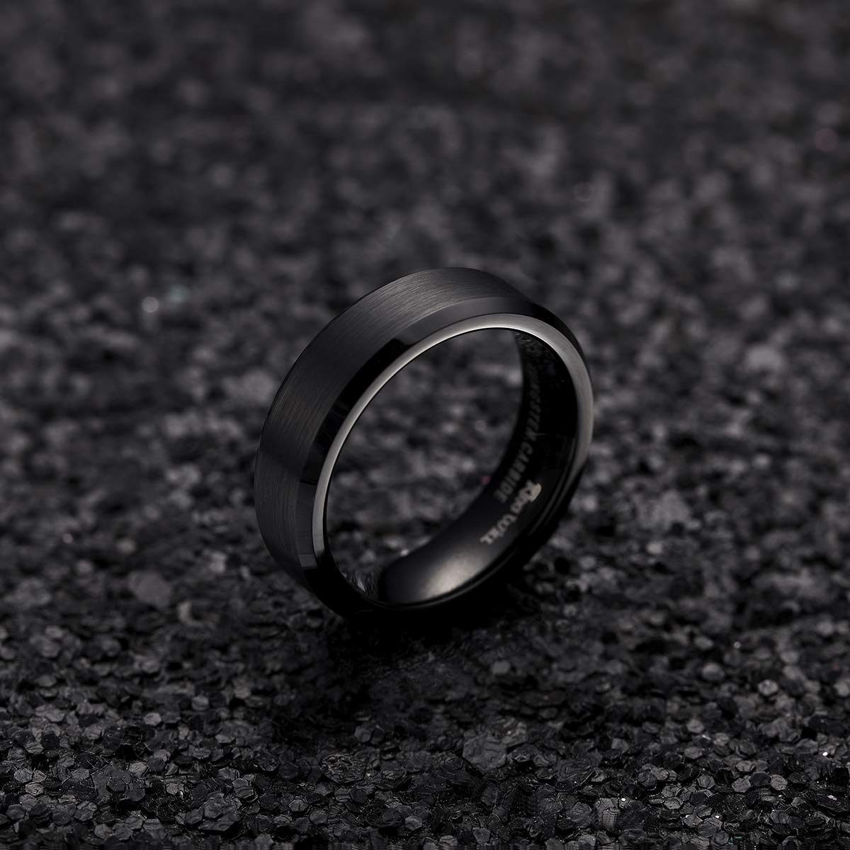King Will 6mm Men's Black Wedding Ring - Brushed Matte Surface, Beveled Polished Edge, Comfort Fit Size 11