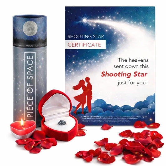 happylandgifts® Romantic Gift Set | Shooting Star | Unusual Gift | Real Meteorite in Red Heart Box | Tea Light | Rose Petals | Certificate Roll | Meteor Gifts