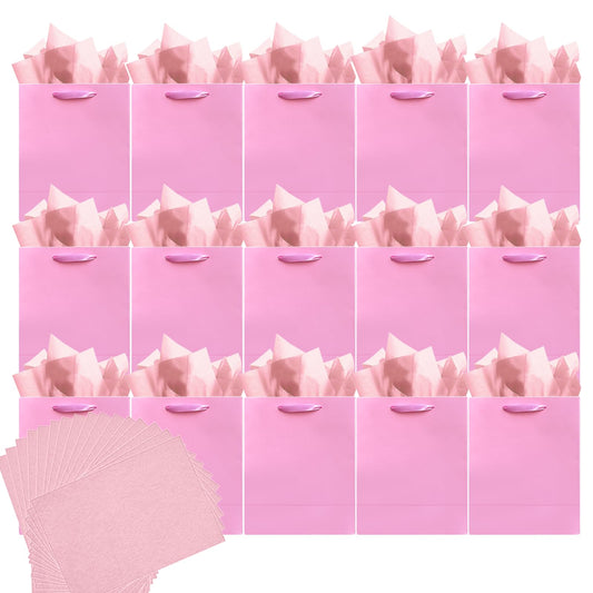 qiqee 24pcs Pink Gift Bags with Tissue Paper for Wedding, Birthday, Party Supplies-4.7"x6.3"x2.4" Small Size Cardboard Gift Bags（24pcs Bags + Tissue Paper ）
