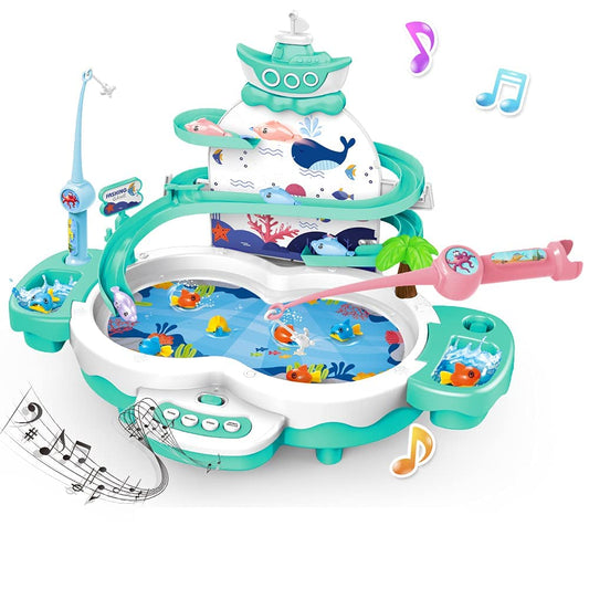 Magnetic Baby Fishing Toy Set, 3 in 1 Fishing Game for Toddlers & Kids with Slideway & Music Story, 10 Fish, 3 Dolphins, 2 Fishing Poles, Learning Educational Sound Effect Toys (Green1)