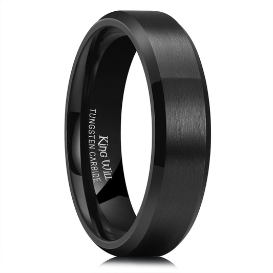 King Will 6mm Men's Black Wedding Ring - Brushed Matte Surface, Beveled Polished Edge, Comfort Fit Size 4