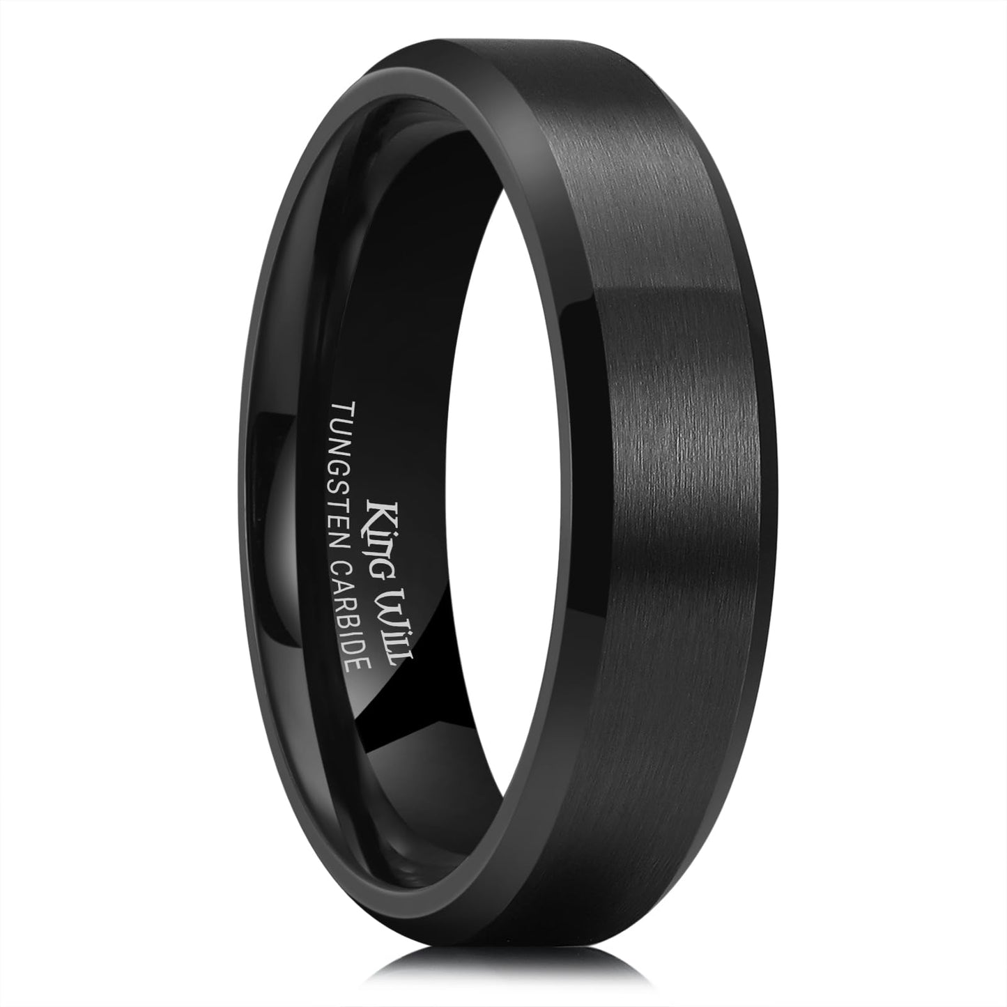 King Will 6mm Men's Black Wedding Ring - Brushed Matte Surface, Beveled Polished Edge, Comfort Fit Size 11