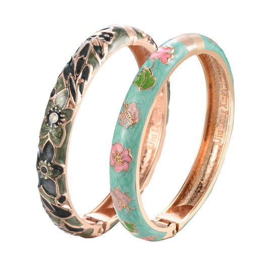 UJOY Designer Womens Couple Bangles Flower Enamel Bracelets Jewelry Box for Women Gift 55A67-55A101 Green