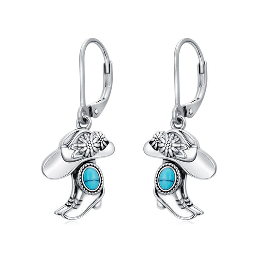 YYmqmq Turquoise Cowboy Boot Earrings 925 Sterling Silver Western Jewelry Cowgirl Hat Dangle Earrings Laverback Country Style Cowgirl Gifts for Women Girlfriend Her