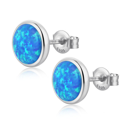 JiayangJY Silver Blue Fire Opal Stud Earrings for Women 18K White Gold Plated Sterling Silver Round Shape 6mm Opal Earrings with Push Back