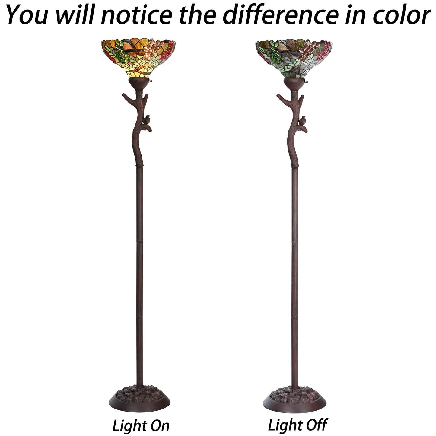 Bieye L10768 Grape Tiffany Style Stained Glass Torchiere Floor Lamp with 14 inches Lampshade, Bird on Branch Base, 70.5 inches Tall