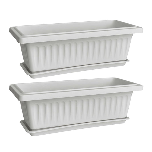 OUMUHE 19 Inch Rectangular Plastic Planters with Drainage and Matching Trays, Set of 2, Window Box Flower Pots for Indoor Outdoor Use (White)