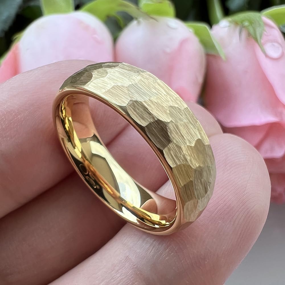 TUTISS 6mm Gold Hammered Tungsten Rings for Men Women Engagement Wedding Bands Domed I Love You Engraved Comfort Fit Size 9.5