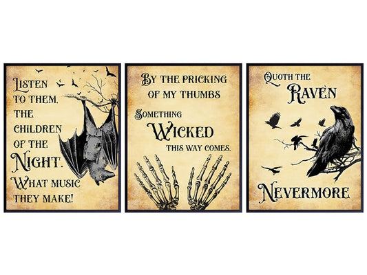 Vampire Bat, Edgar Allan Poe, The Raven Quotes Set - Creepy Spooky Bram Stoker Dracula, Shakespeare Witch, Witchcraft - Medieval Gothic Home Decor - Funny Bathroom Wall Art & Decor 11x14