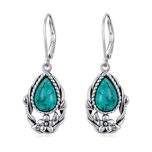 Eetaitai Natural Turquoise Flower Earrings for Women 925 Sterling Silver Teardrop Leverback Dangle Earrings Western Vintage Boho Jewelry Mothers Day Gifts for Mom Wife Sister